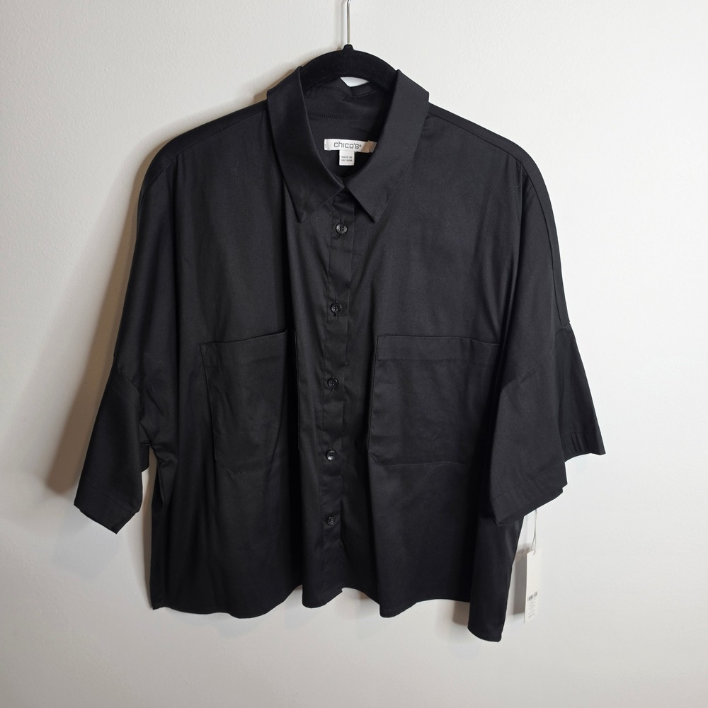 Chico's NWT Poplin Shirt Womens 1.5 (10) Solid SS Oversized Black